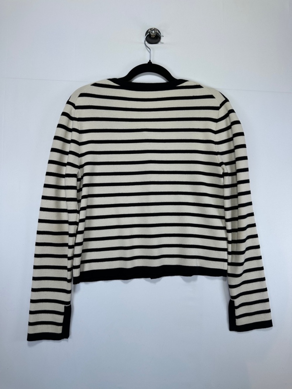 Zara Knit Striped Cardigan Black White Pearl Button Cropped Sweater L - Picture 7 of 7